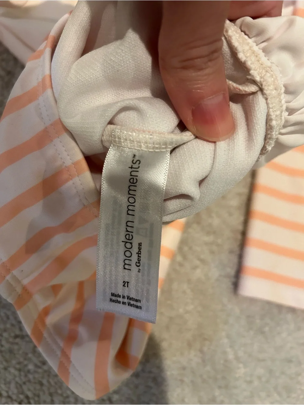 Girls Peach & Cream Striped Long-Sleeve One-Piece Swimsuit with Ruffle Hem